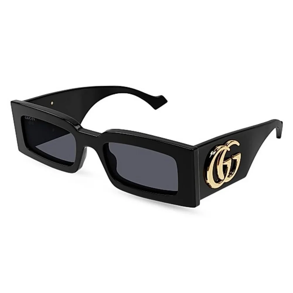 Gucci Generation Rectangular Sunglasses in Shiny Solid Black large gold logo - Picture 1 of 11